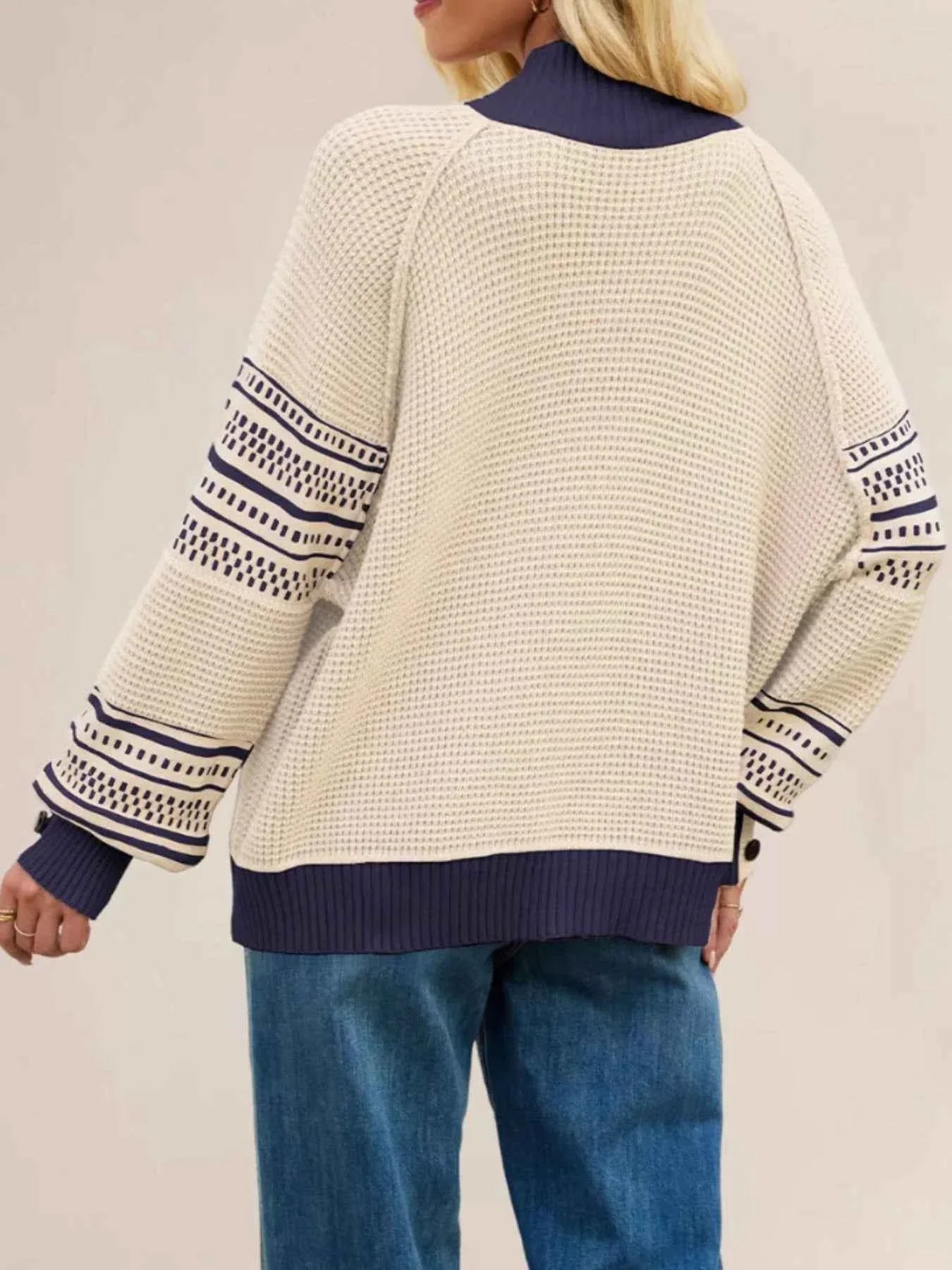 Color-Block Mock Neck Waffle Knit Sweater