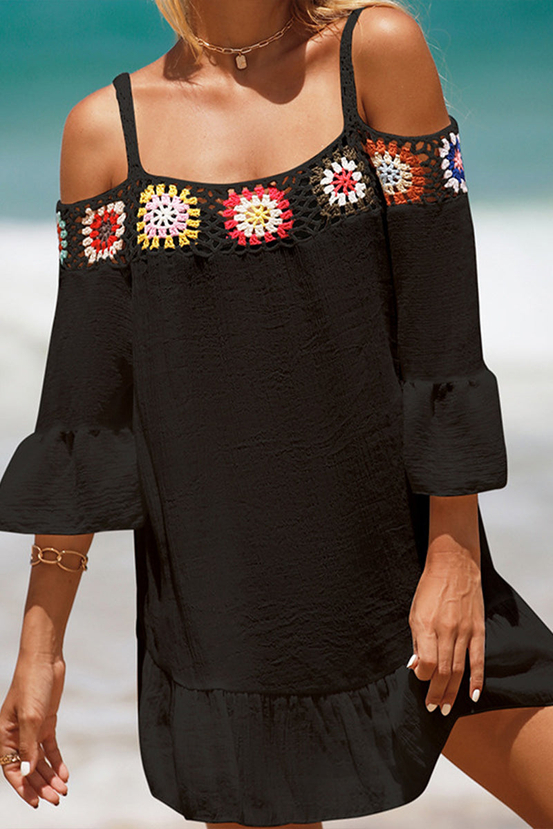 Crocheted Off Shoulder Short Solid Color Sunscreen Beach Skirt