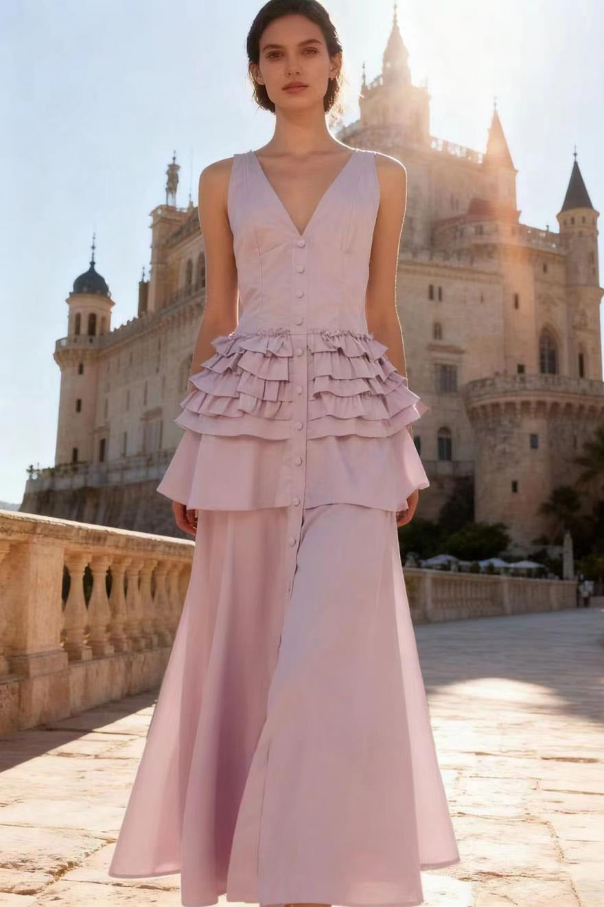 Deep V-Neck Sleeveless Corset Tiered Fit and Flare Midi Dress