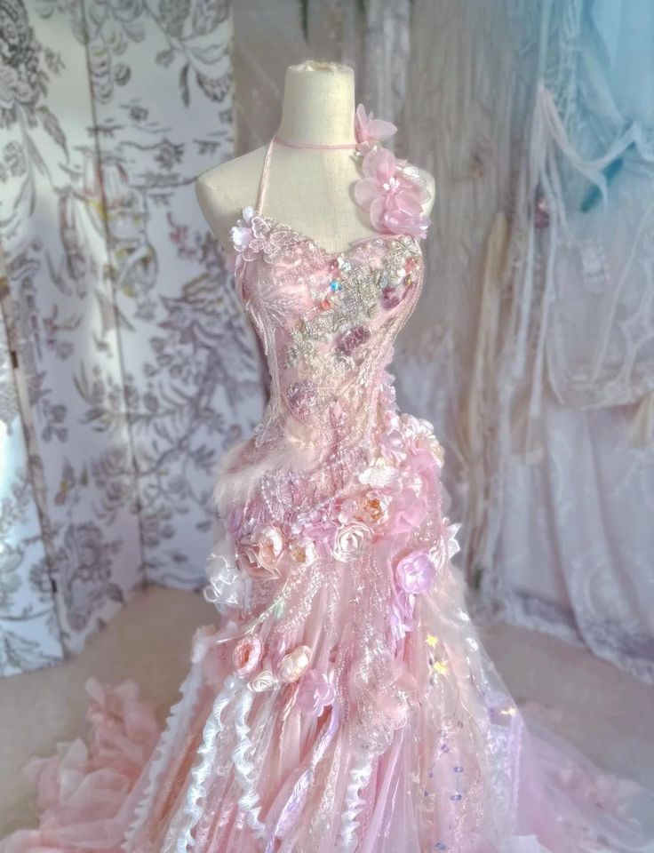 Fairytale Pink Sweetheart Mermaid Tulle Long Prom Dresses Formal Evening Gowns with Appliques