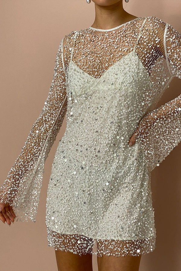 Sequin Pearl Long Sleeve Sheer Mini Dress