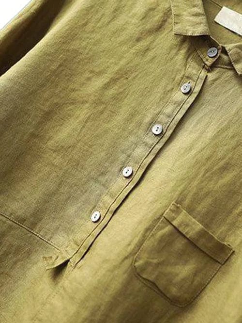 Collared Half Button Three Quarter Sleeve Linen Blouse