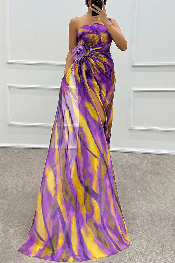 Watercolor Print One Shoulder Feather Trim High Split Maxi Dress 15