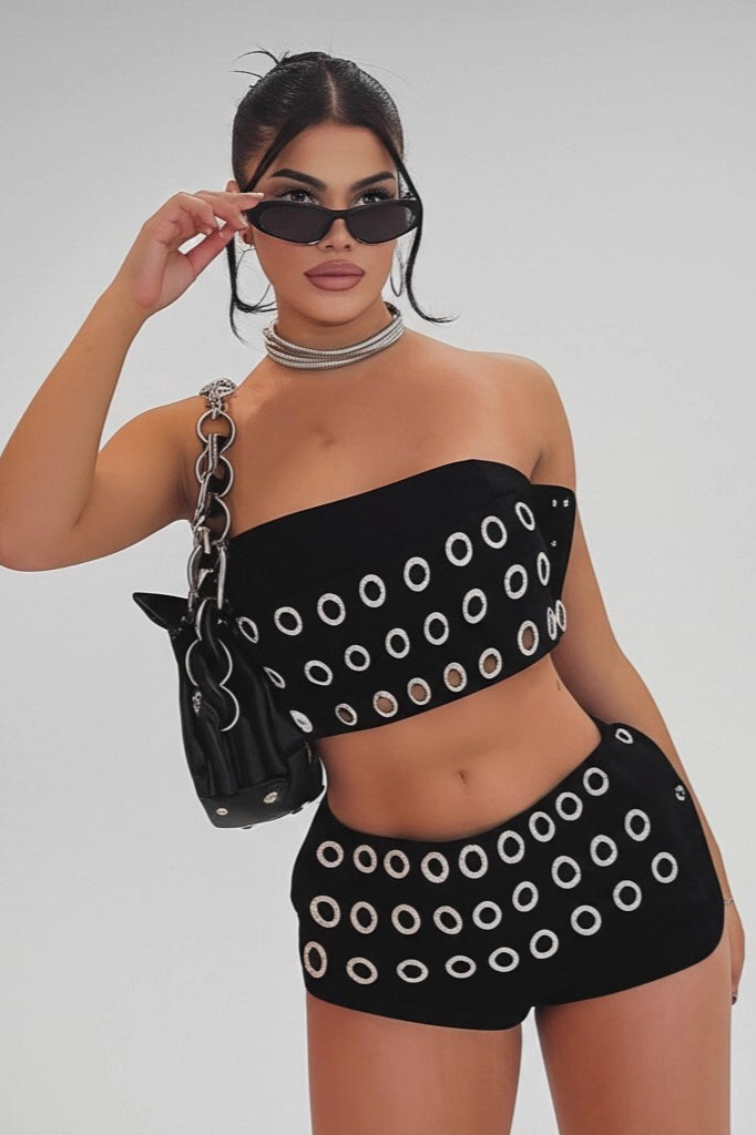 Gothic Grommet Cutout Bandeau Shorts Two Piece Set