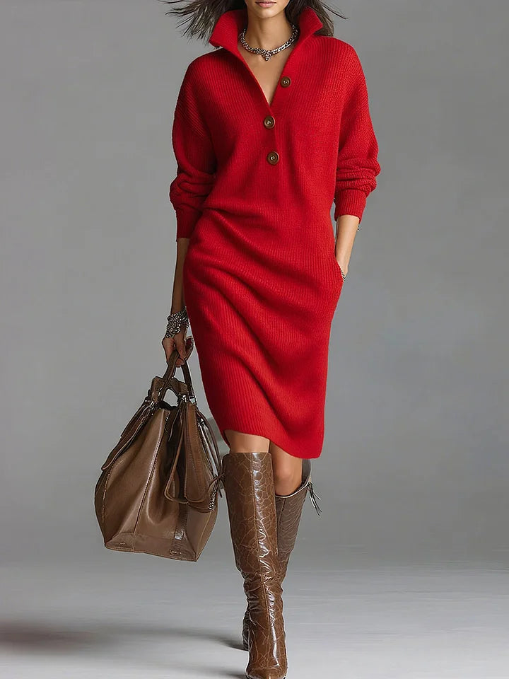 Collared Button Long Sleeve Knit Sweater Midi Dress 2