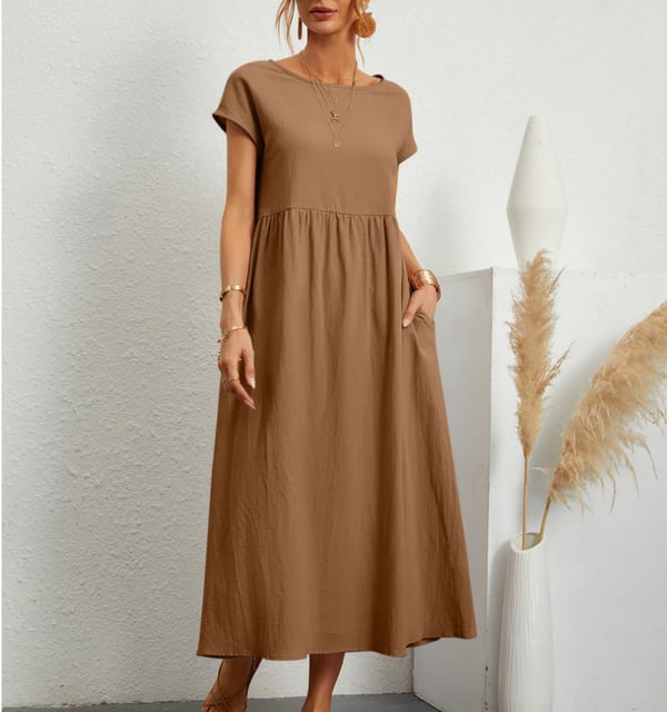 Short Sleeve Empire Waist Gathered Pocket Knee Length Summer Dress