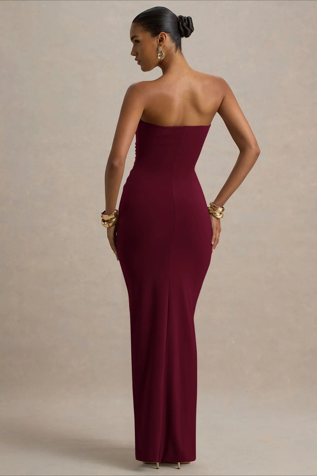Strapless Sweetheart Ruched Center Drape Panel Column Maxi Formal Gown