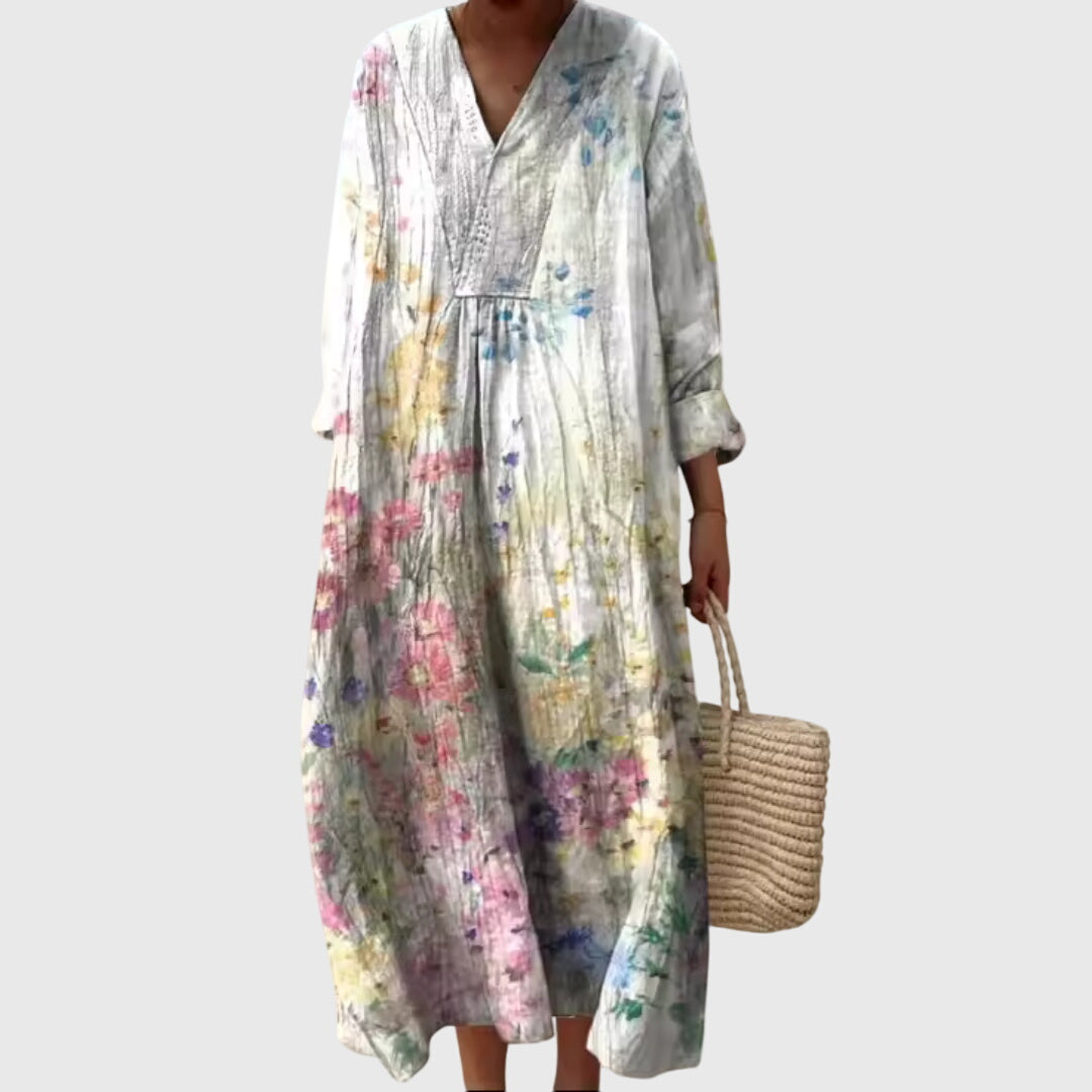 V-Neck Long Sleeve Striped Patchwork Maxi Dress