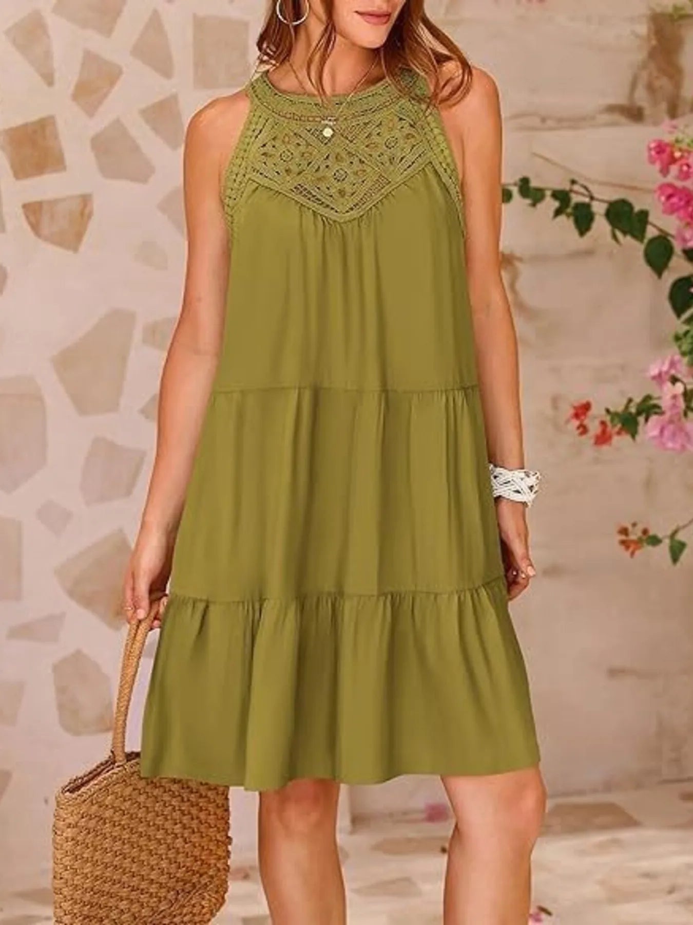 Halter Neck Crochet Lace Yoke Sleeveless Tiered Mini Dress 5