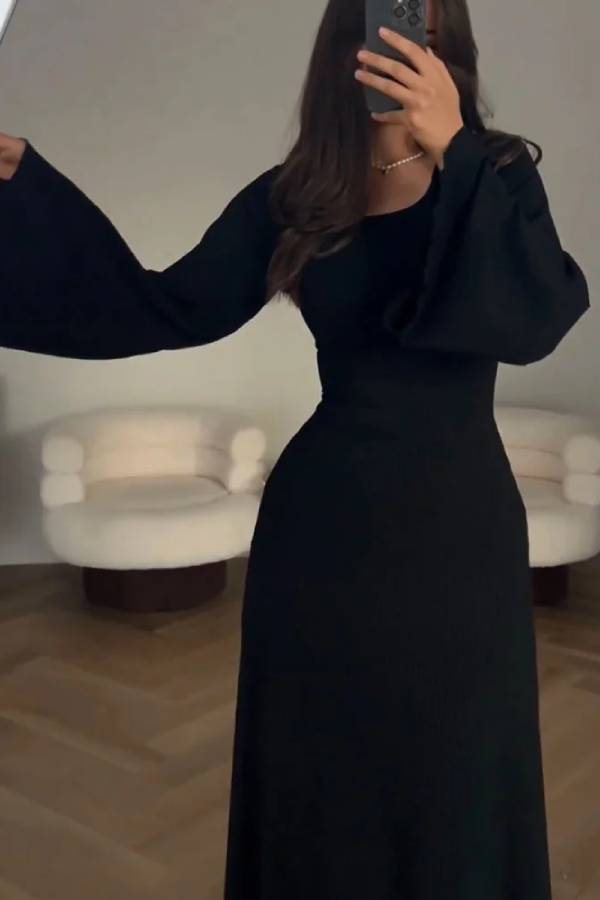 Rib Knit Square Neck Bell Sleeve Bodycon Maxi Dress