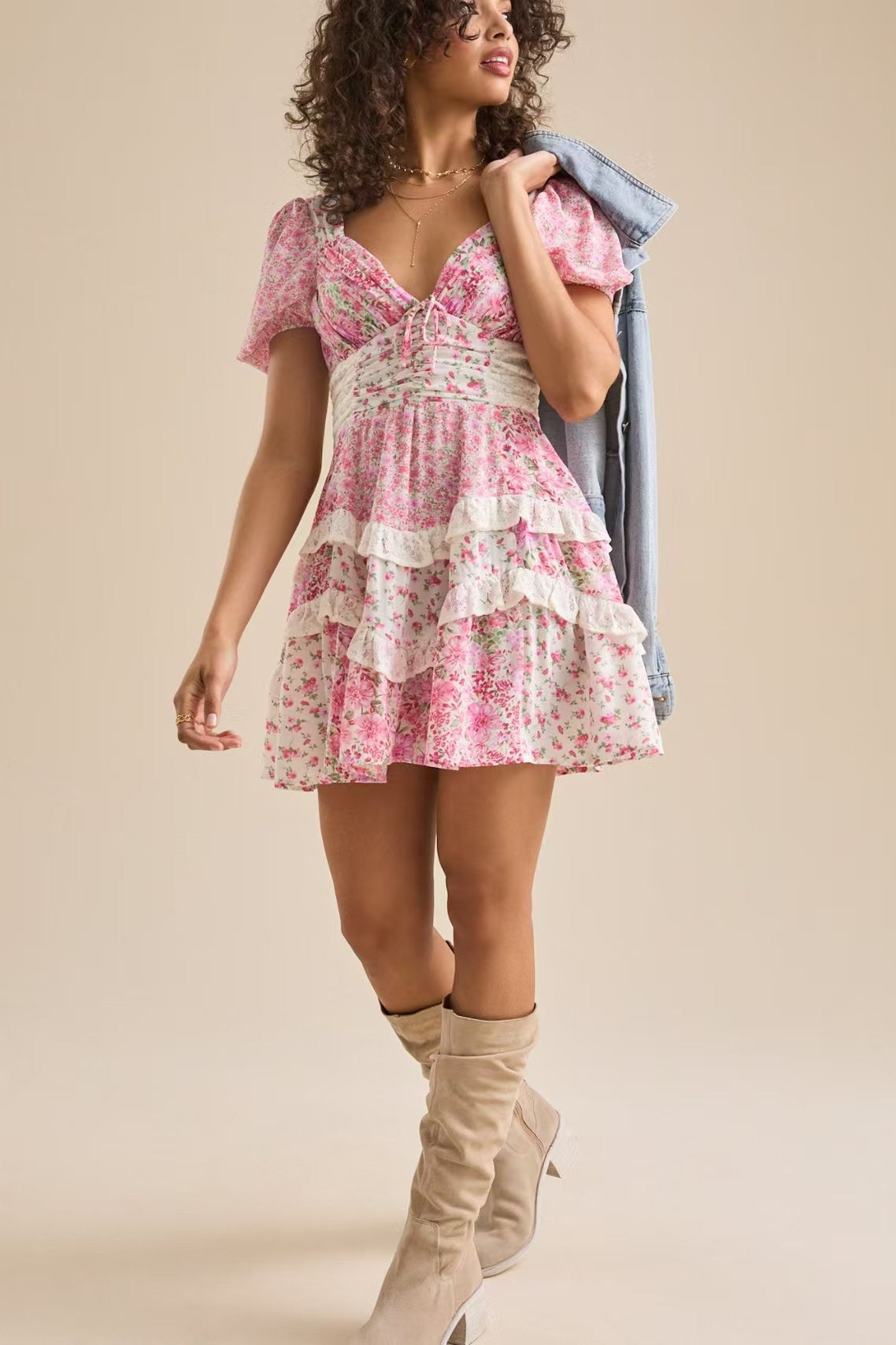 Floral Sweetheart Puff Sleeve Tiered Lace Trim Mini Dress