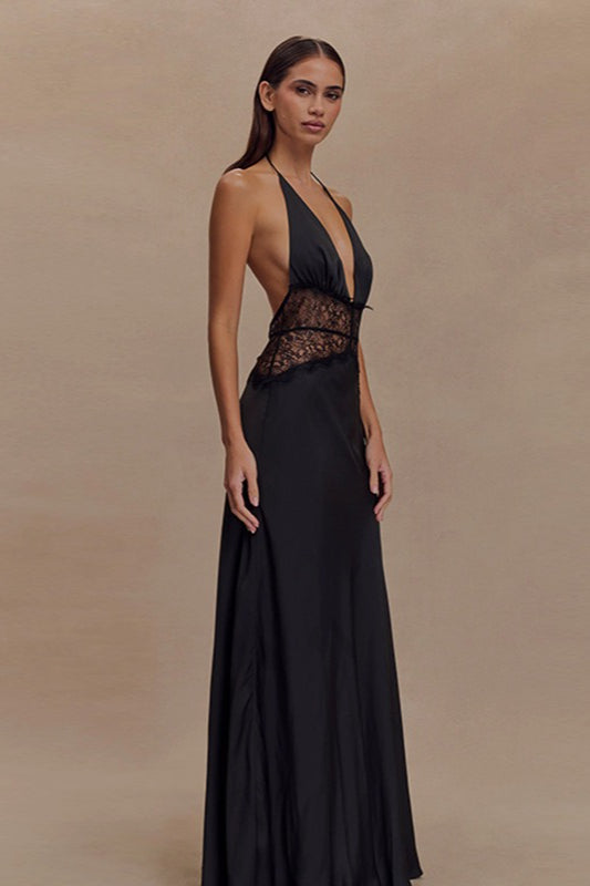 Satin Halter Deep V-Neck Lace Trim Backless Maxi Dress