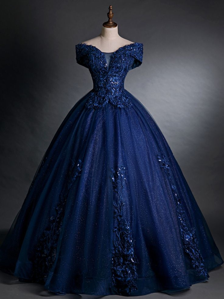 Beautiful Navy Blue Sequins Appliques Beading Quinceanera Dress Sweet 16 Ball Gown cc1696