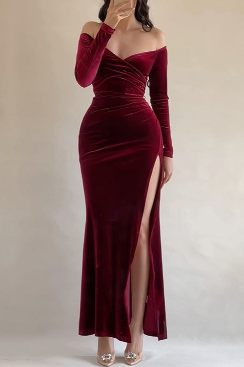 Off Shoulder HighSlit Velvet Formal Dress