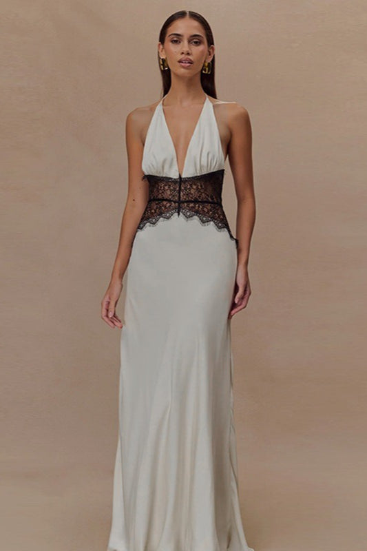 Satin Halter Deep V-Neck Lace Trim Backless Maxi Dress