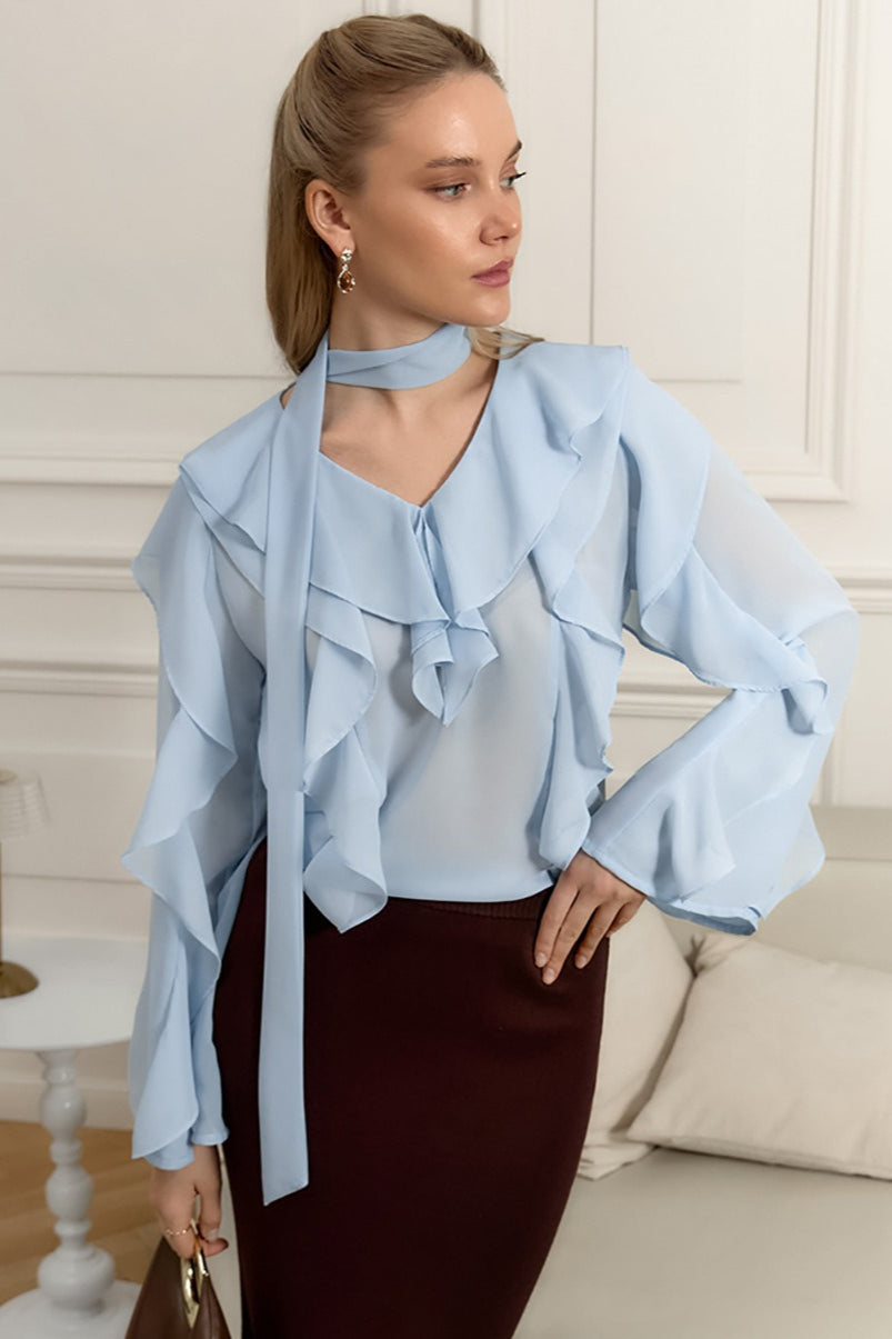 V-Neck Scarf Tie Cascading Ruffle Long Sleeve Chiffon Blouse