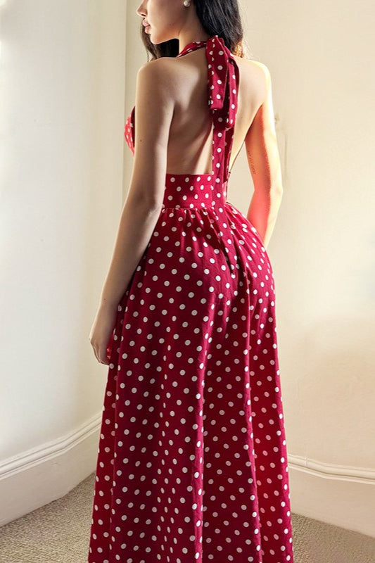 Red Polka Edition Dot VNeck Halter Backless Maxi Dress