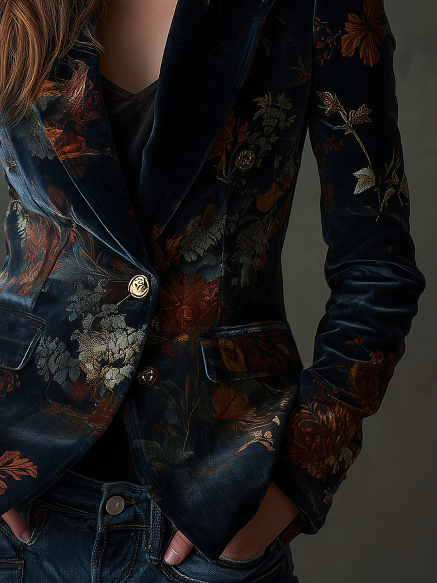 Floral Print Peak Lapel Single Button Velvet Blazer