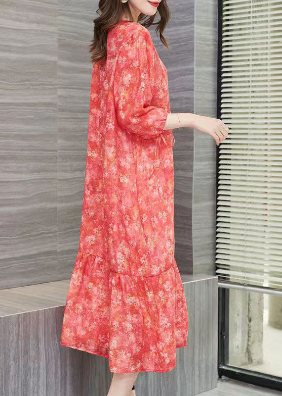 Floral Print Round Neck Tie Cuff Three Quarter Sleeve Tiered Ruffle Midi Dress