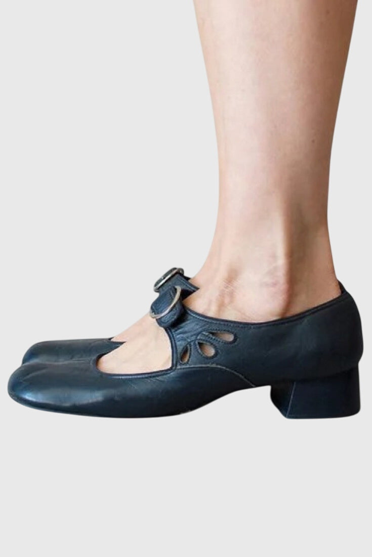Square Toe Buckle Strap Low Block Heel Mary Jane Pumps