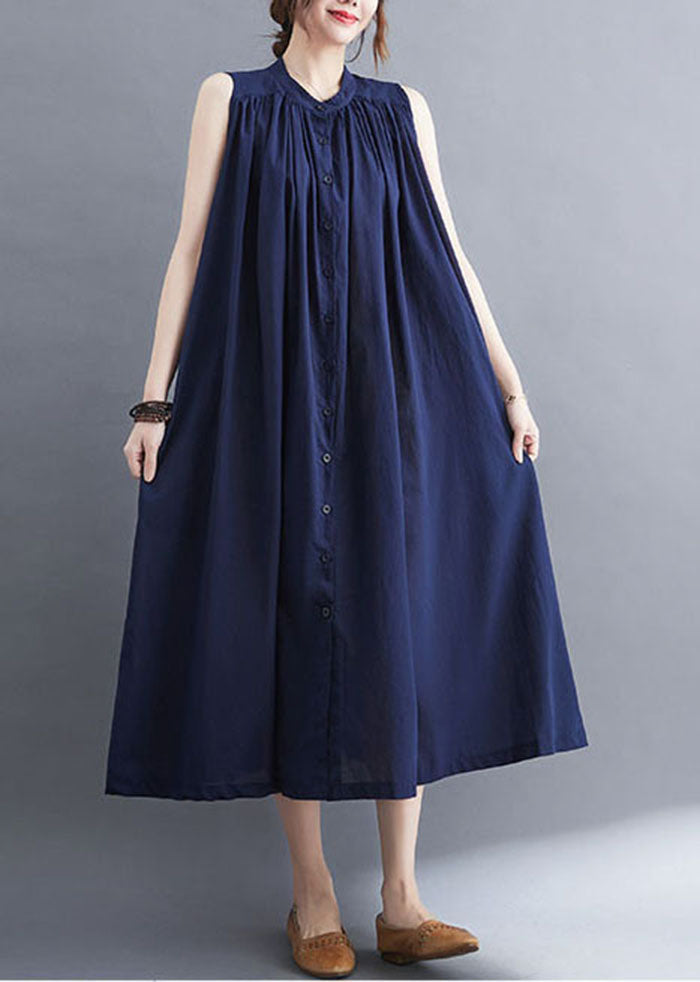 Gathered Mandarin Collar Button Front Sleeveless Pocket Maxi Dress
