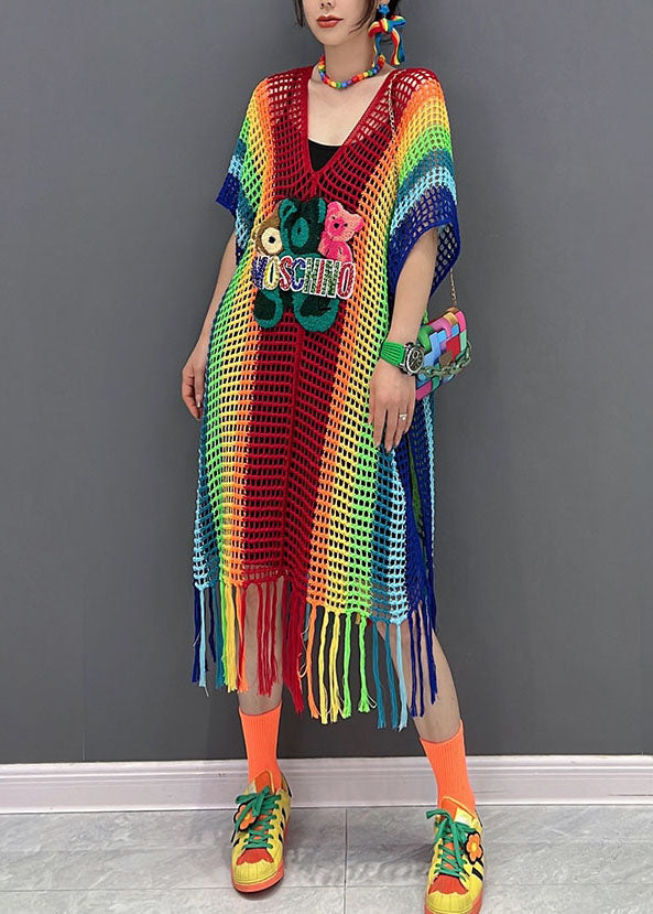 V-Neck Crochet Mesh Oversized Fringe Hem Mini Dress