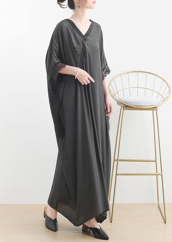 Deep V-Neck Wrap Overlay Batwing Sleeve Lace Trim Pocket Kaftan Maxi Dress