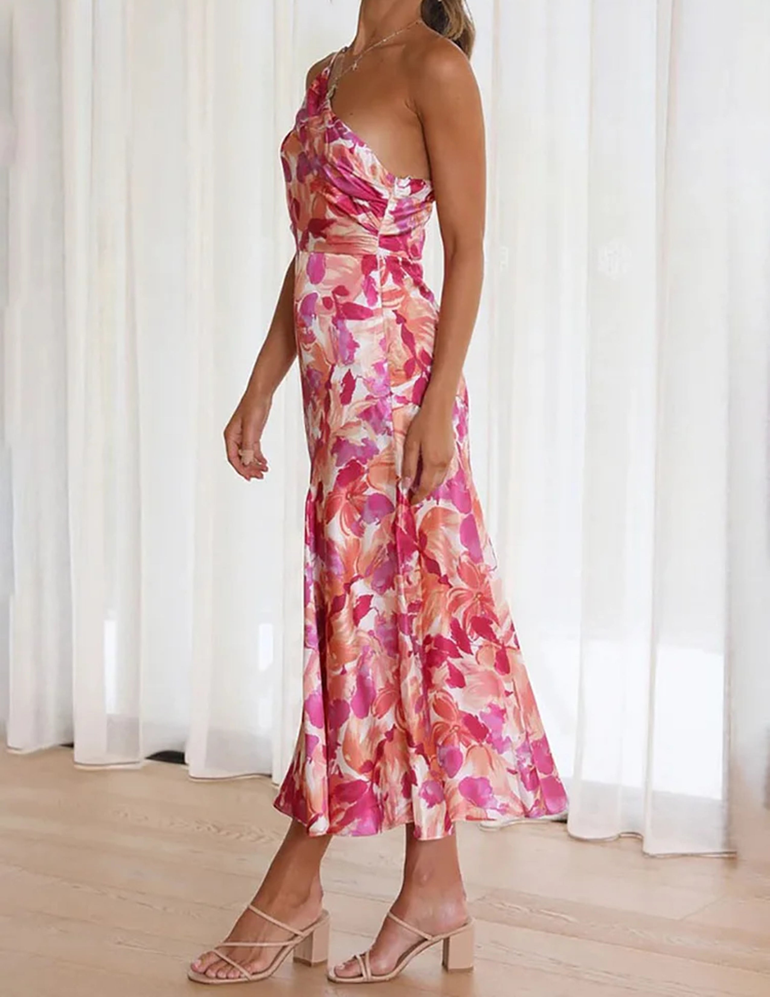 Floral Satin One Shoulder Ruched Mermaid Midi Dress