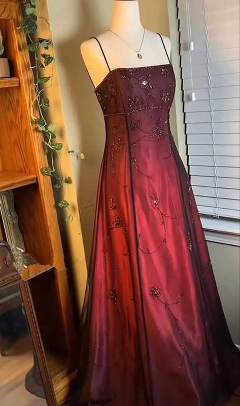 Unique Spaghetti Straps Burgundy Tulle Beaded Evening DressLong Prom Dress cc1737