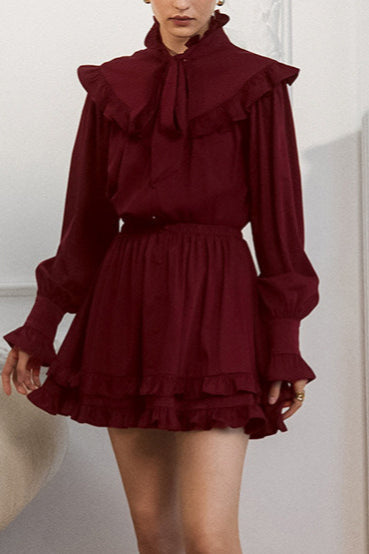 Elegant Bow Tie Lace Up Long Sleeve A Line Mini Dress - View 2