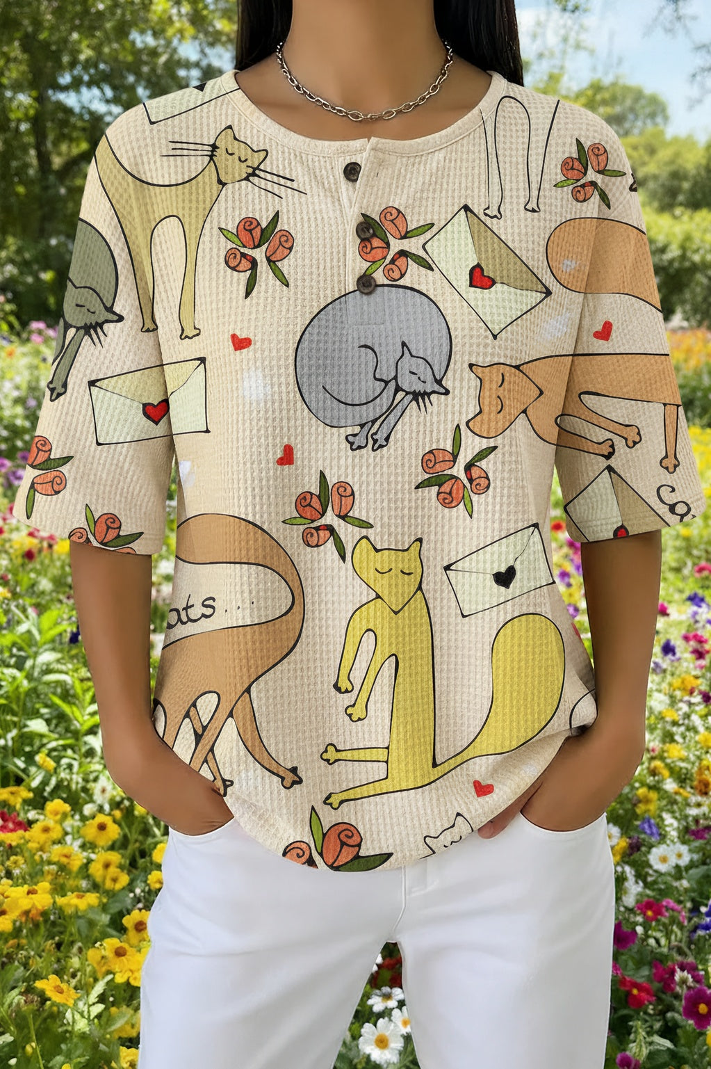 Womens Cream Cartoon Cat Print Casual Shirt