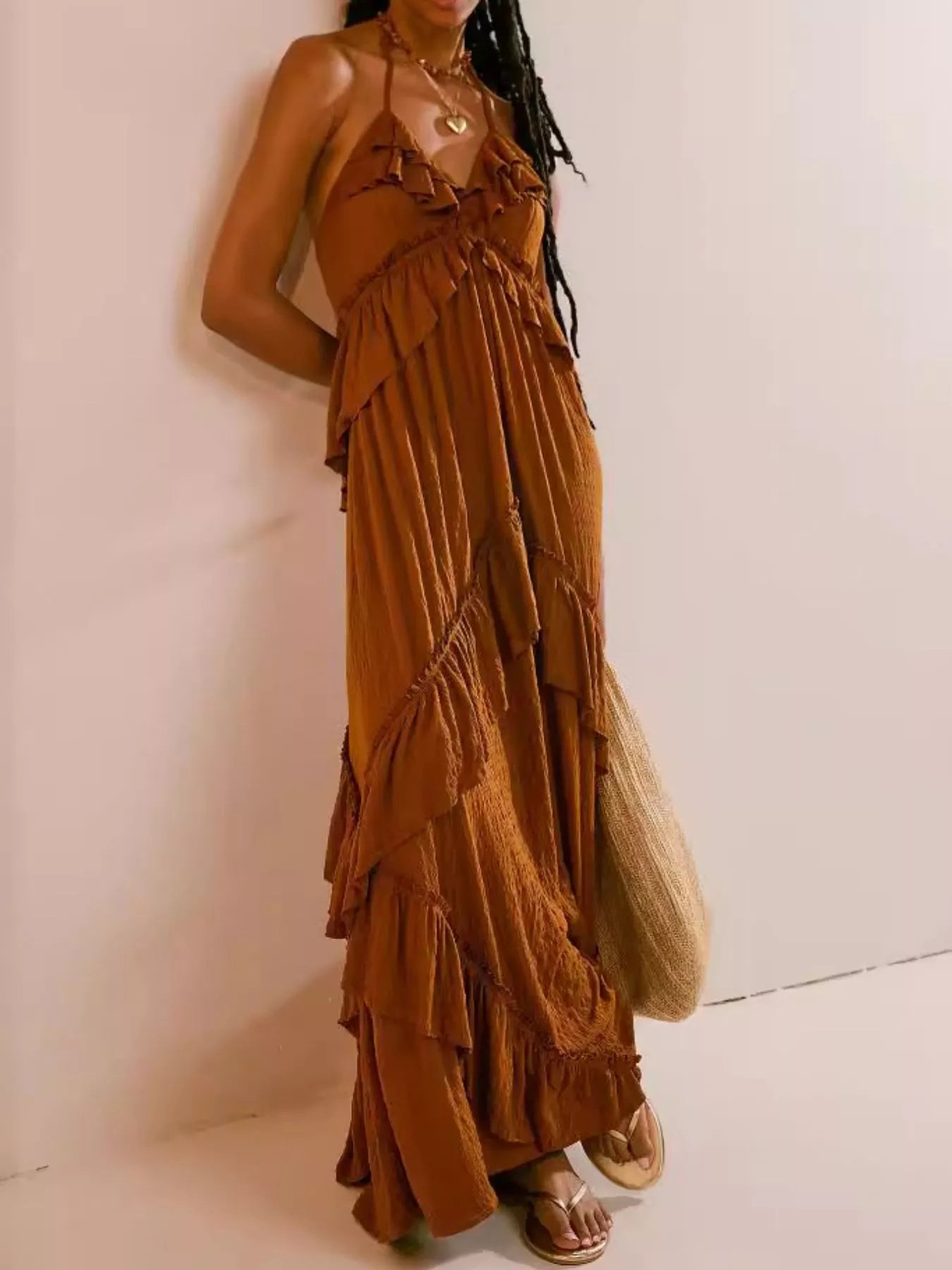 Halter Neck Deep V-Neck Ruffle Tiered Backless Maxi Dress