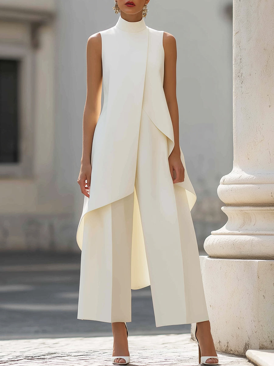 Sleeveless Mock Neck Draped Top and Wide Leg Pants Two Piece Set