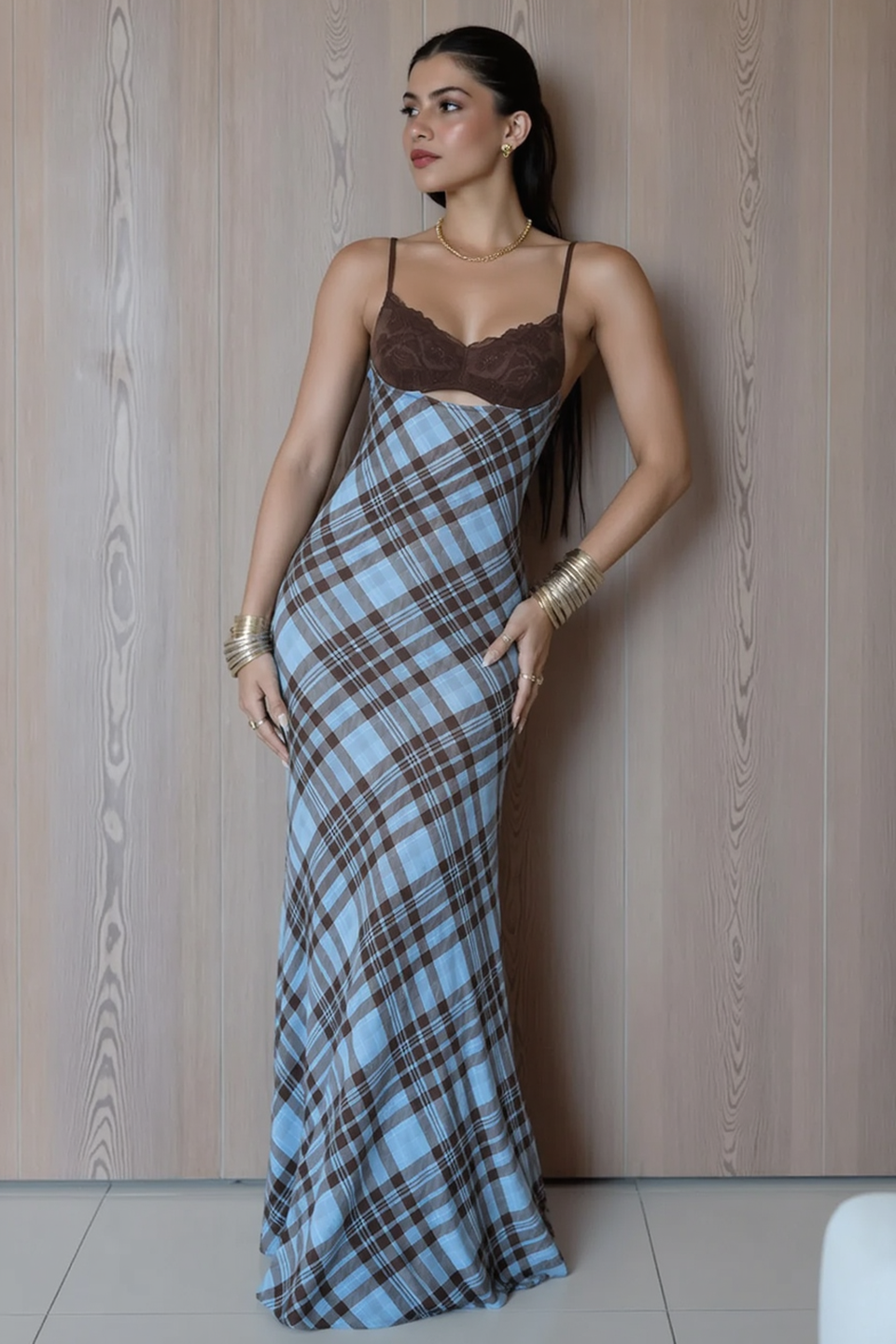 Plaid Lace Cup Cut Out Spaghetti Strap Bias Cut Maxi Slip Dress 4