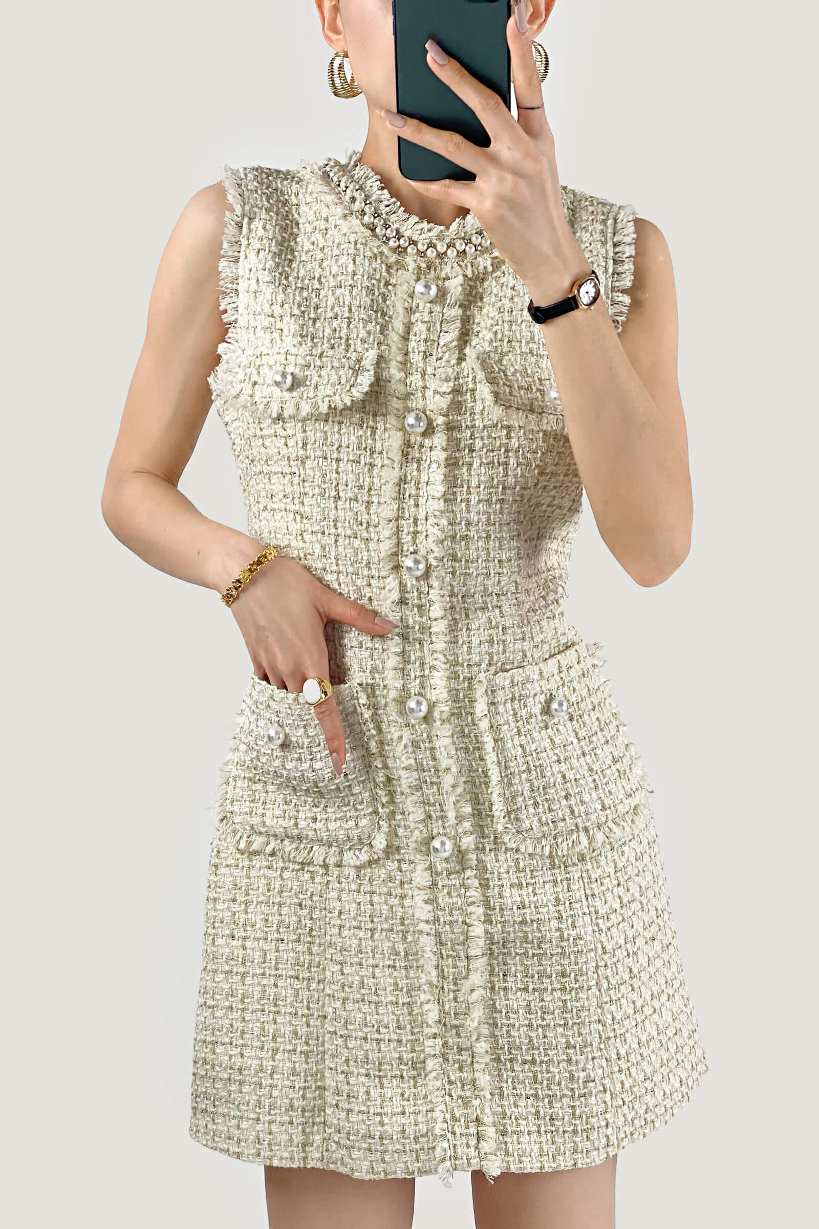 Pearl Collar Raw Fringe Trim Tweed Sleeveless Mini Dress - View 4