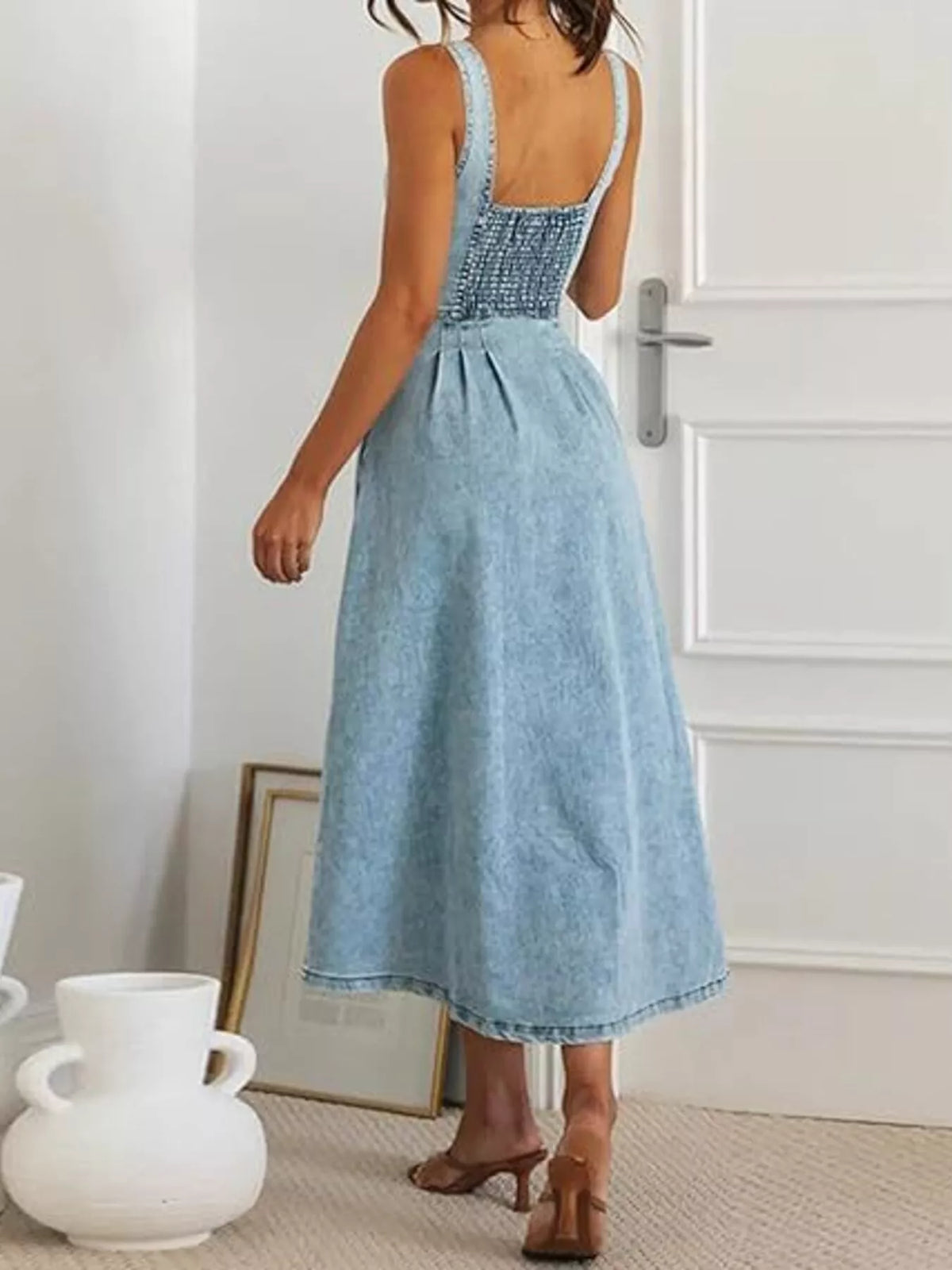 Smocked Back Button Front Denim Midi Dress