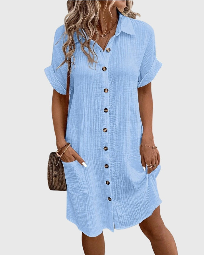 Button Front Short Sleeve Collared Pocket Shirt Dress