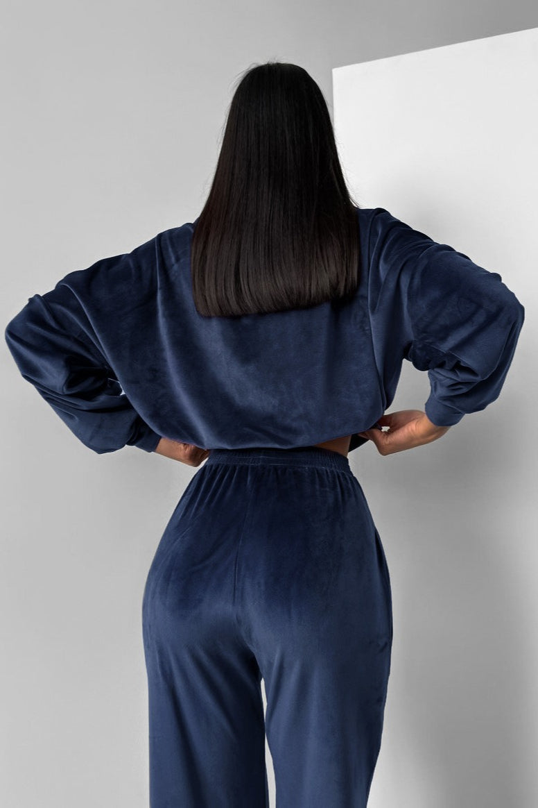 Velour Collared Zip Front Jacket and Wide Leg Pants Two Piece Set 3
