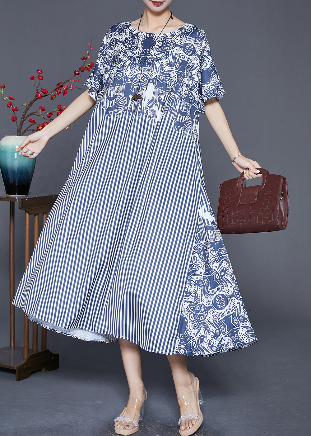 Mixed Print Folk Motif Vertical Stripe Patchwork Short Sleeve Round Neck Swing Midi Dress