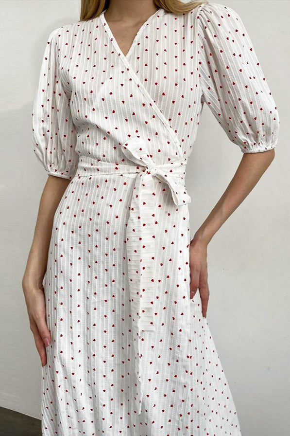 Cotton Edition Heart Print VNeck Wrap Maxi Dress