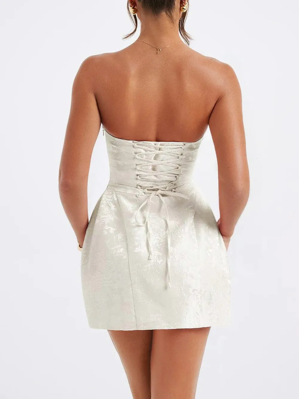 Jacquard Strapless Lace Up Back Oversized Bow Mini Dress 5