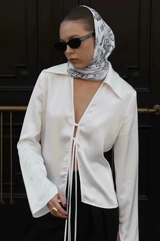 Satin Collared Tie Front Flare Long Sleeve Blouse