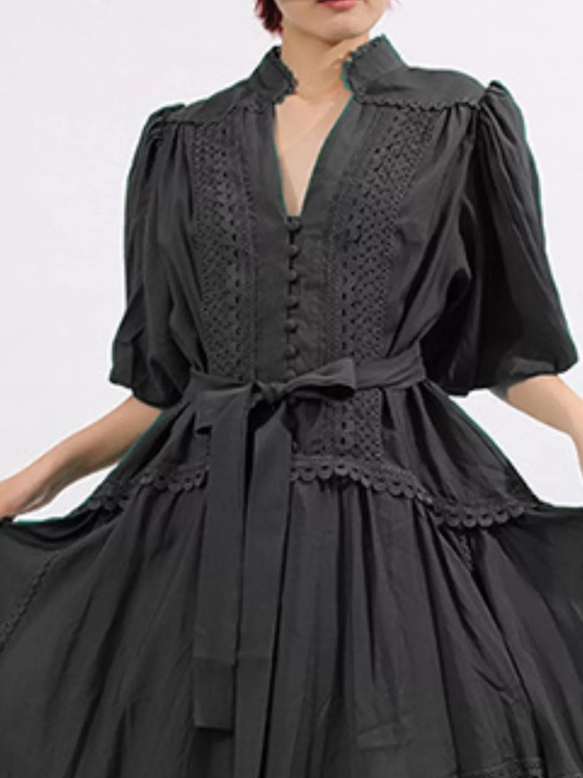 Crochet Lace Trim Notched Neck Puff Sleeve Tie Waist Tiered Maxi Dress 13