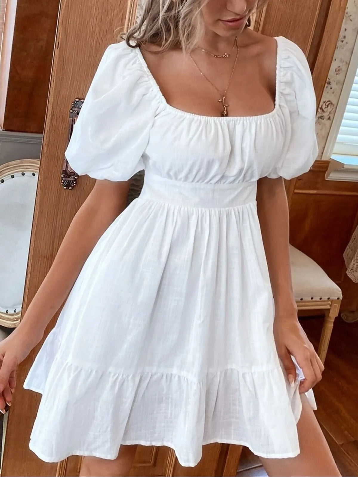 Square Neck Puff Sleeve Mini Dress