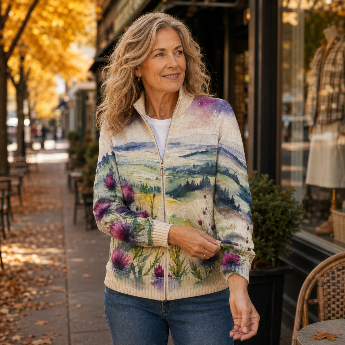 Thistle Landscape Print Zip Front Stand Collar Cardigan