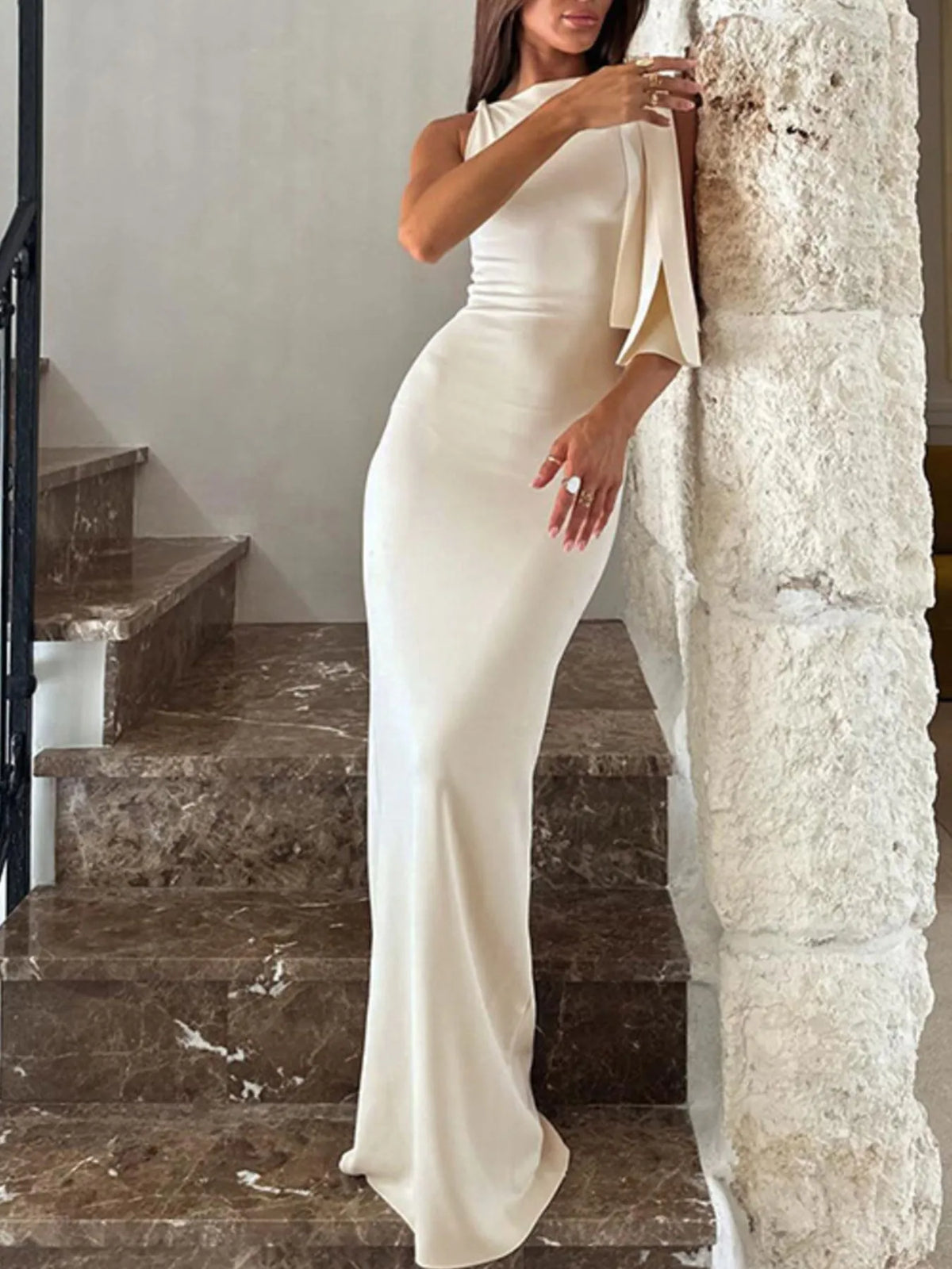 One Shoulder Knot Tie Drape Sleeveless Bodycon Maxi Dress 5