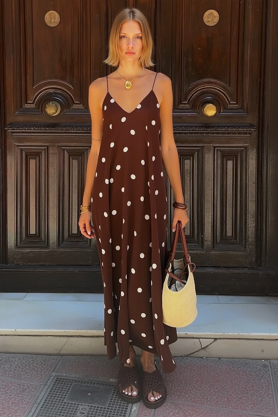 Polka Dot V Neck Open Back Loose Maxi Slip Dress