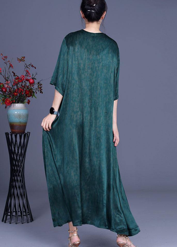 Stand Collar Wide Sleeve Floral Embroidery Coin Charm Crinkled Maxi Dress