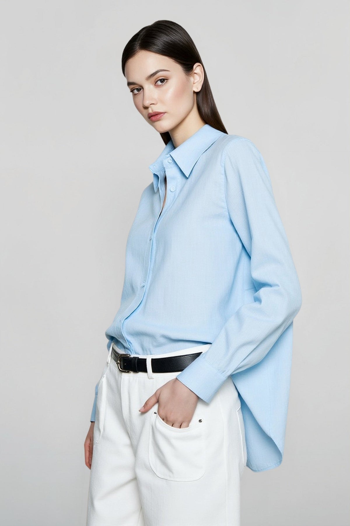 Pointed Collar Long Sleeve Linen Look Curved Hem Button Up Shirt 3