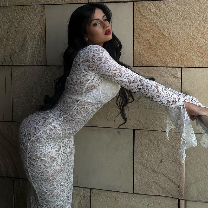 Lace Deep V-Neck Bell Sleeve Mermaid Maxi Gown